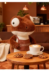 Close-up of a brown plush chameleon toy wearing a Chocoee apron in a cozy cafe.