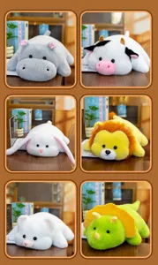 Collage of six cute animal plush pillows including rabbit, lion, hippo, and dinosaur toys