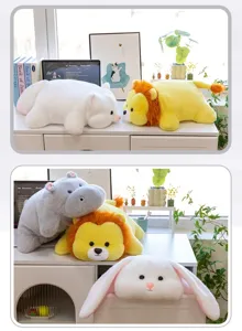 Collection of soft animal plush pillows featuring lion, rabbit, and hippo designs.