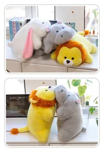 Detailed macro view of cute plush lion and hippo stuffed toys leaning against each other
