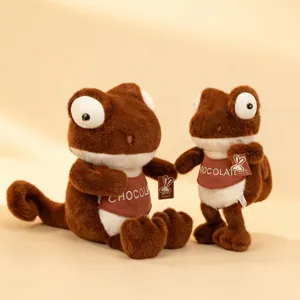Cute Maillard brown chameleon plush toys with chocolate bibs and curly tails