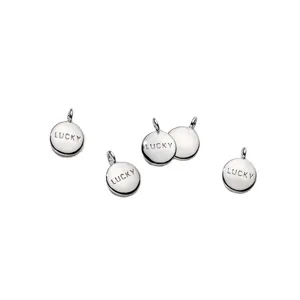 S925 silver plated round pendant charms with engraved 'LUCKY' for DIY jewelry