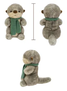 Detailed multi-angle view of a soft grey otter plush toy wearing a green knitted scarf