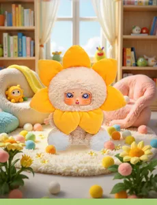 Gros plan d'une peluche Flower Spirit Baby avec pétales de tournesol jaunes et visage