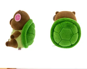 Vista laterale e posteriore di un peluche capibara con guscio di tartaruga verde
