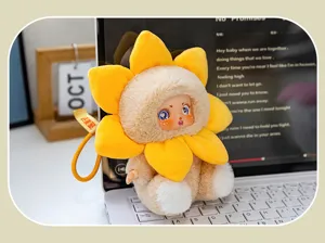 Vue détaillée d'une peluche tournesol avec visage en vinyle posée sur un clavier