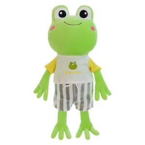 Soft green frog plush toy wearing white t-shirt and striped shorts for children gift