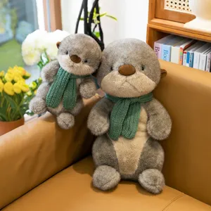 Cute Cartoon Plush Otter Toy With Green Knit Scarf Soft Animal Stuffed Doll Home Decor Comforting Pillow Birthday Gift For Kids