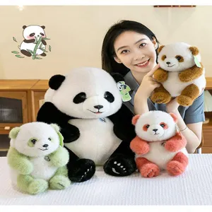 Close-up of colorful plush panda dolls being held by a smiling woman