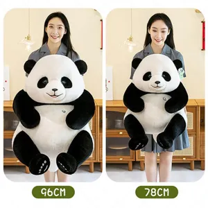 Comparison of 96cm and 78cm realistic panda plush toys shown with an Asian model