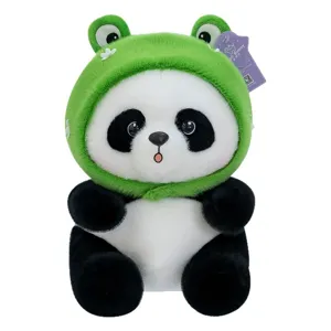 Niedliches Panda-Plüschtier mit grüner Froschkapuze, weiche Kuschelpuppe für Kinder