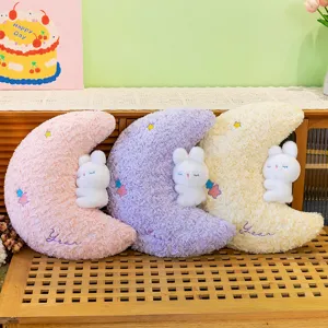 Soft pastel crescent moon plush pillows with cute white rabbit for kids soothing gift