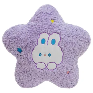 Soft lavender star-shaped plush pillow featuring an adorable white bunny embroidery