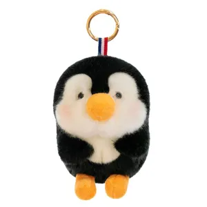 Cute plush penguin ball keychain with soft fur, gold ring clip and tricolor ribbon