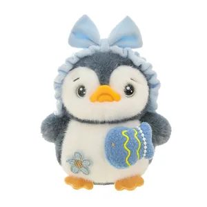 Cute penguin plush toy keychain with blue bow hat for backpack and key decoration