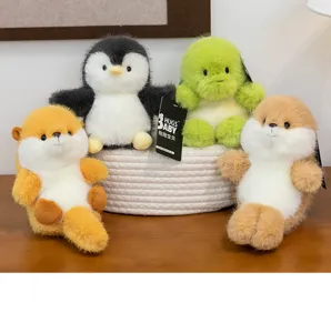 Detailed view of four cute animal plush toys including puff penguin and otter plushies