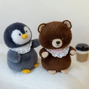 Adorable plush penguin and brown bear animal toys with white lace collars for children gift