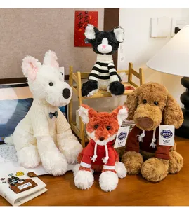 Collection of cute plush animals like fox and dogs wearing mini sweaters in a home setting