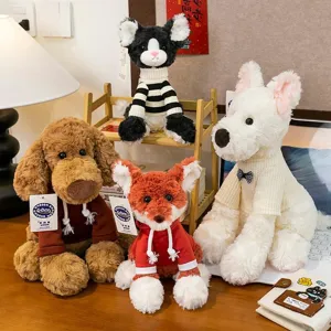 Adorable collection of four plush animals in creative outfits on a wooden shelf