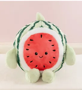 Close-up of a cute watermelon plush toy with soft stuffing, smiling face, and cute little green limbs.