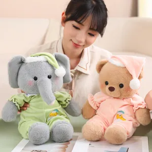 Cute good night series plush elephant and bear dolls in soft pajamas and nightcaps