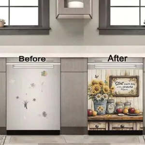 Before and after comparison of sunflower magnetic dishwasher cover sticker for kitchen