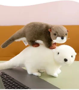 Cute otter plush toy set, soft stuffed brown and white sea otter dolls for desk decor.