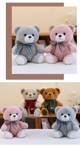 Group of cute plush teddy bears in various colors with scarves and bows.