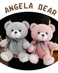 Pair of adorable 8-inch plush teddy bears in grey and pink with striped ribbon bows