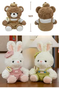 Detailed view of 30cm teddy bear and bunny plush toys dressed in cute corduroy outfits