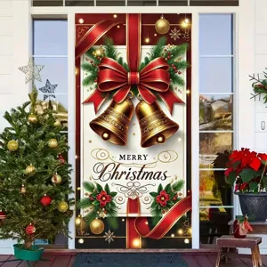 Christmas Door Cover Mural Polyester Printed Merry Christmas Door Curtain For Xmas Holiday Home Party Backdrop Decoration