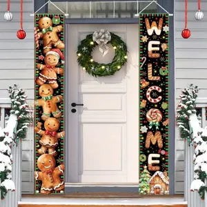 Christmas Porch Banner Set Merry Christmas Welcome Outdoor Front Door Hanging Flag Polyester Christmas Holiday Decoration