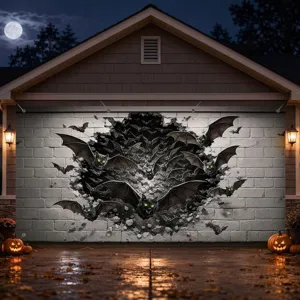 Halloween garage door banner creepy bats breaking brick wall outdoor holiday decor