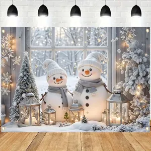 Banner di sfondo con neve invernale di Natale con pupazzo di neve e lanterne per festa.