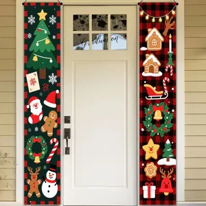 Outdoor Christmas porch banners featuring snowman reindeer and gingerbread house patterns