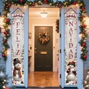 Feliz Navidad Christmas porch banners with cute snowman design for holiday decoration