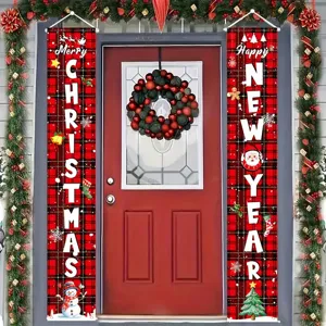 Festive red plaid Christmas and New Year porch banners for home holiday door decor