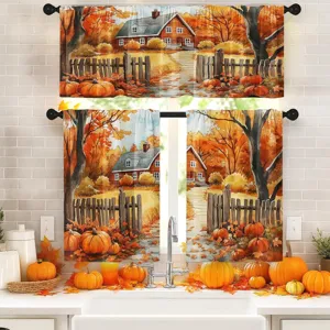 Thanksgiving watercolor farmhouse kitchen curtains with pumpkin and fall maple leaves