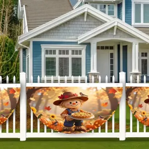 Herbstliche Vogelscheuche und Kürbis Girlande für die Dekoration von Garten- und Außenzäunen