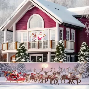 Festive Christmas outdoor banner featuring Santa Claus and reindeer sleigh in a snowy scene