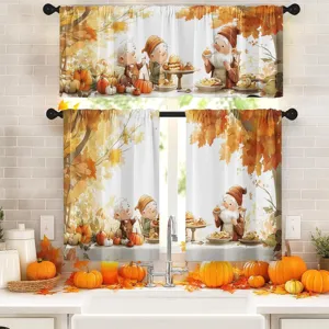 Three-piece Thanksgiving kitchen curtain set featuring watercolor gnome and pumpkin prints