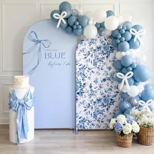 Set di Coperture per Sfondo ad Arco Nuziale Blu Floreale Romantico Motivo a Fiocco a U in Tessuto di Poliestere Sfondo Fotografico per Decorazioni per Feste di Fidanzamento