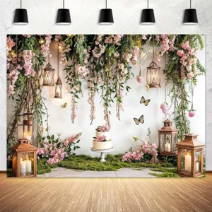 Sfondo Fotografico Paese delle Fiabe Foresta Incantata Arco di Fiori Farfalla Fungo Decorazione Festa di Compleanno Arazzo