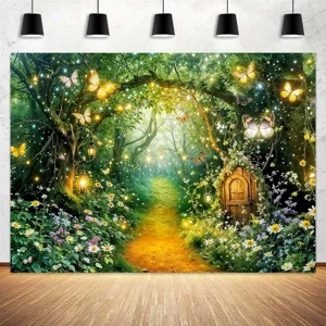 Sfondo foresta incantata per decorazione fotografica di compleanno per i bambini