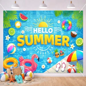 Fondo vibrante de fiesta de verano en la piscina con flamenco rosa y texto hello summer