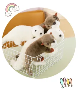 Cute plush otter toys set in white and brown, soft stuffed animal dolls inside wire basket.