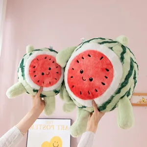 Cute watermelon plush toy soft stuffed fruit doll pillow held in hands, front main view.