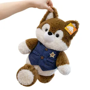 Cute plush fox toy wearing a blue denim vest, adorable stuffed animal gift for girls