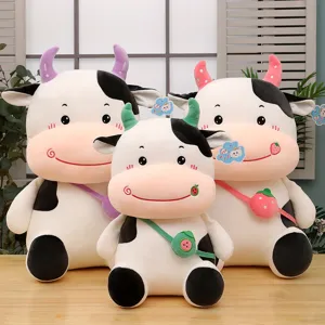 Set of three cute cartoon plush cow stuffed animals with fruit backpacks for kids gift