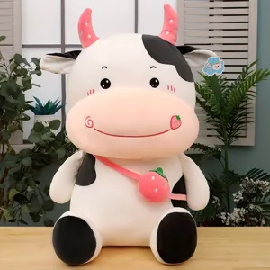 Cute strawberry-themed cow plush toy with crossbody bag, soft gift pillow
